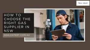 A tradesperson wearing a blue cap and work shirt looks down at a tablet in what appears to be a workshop or industrial setting, next to text that reads "HOW TO CHOOSE THE RIGHT GAS SUPPLIER IN NSW" and a website address.