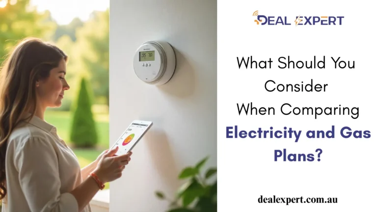 A woman smiles as she interacts with a tablet displaying a colorful interface, likely controlling a smart thermostat mounted on the wall behind her, with text overlay asking "What Should You Consider When Comparing Electricity and Gas Plans?" and a website address.